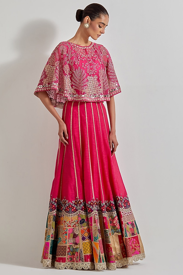 Fuchsia Organza & Cotton Chanderi Patch Work Skirt Set by Kavita Bhartia at Pernia's Pop Up Shop