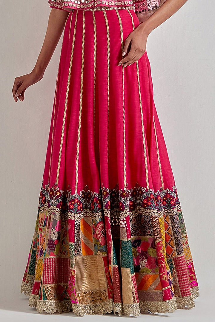 Fuchsia Organza & Cotton Chanderi Patch Work Skirt Set by Kavita Bhartia at Pernia's Pop Up Shop