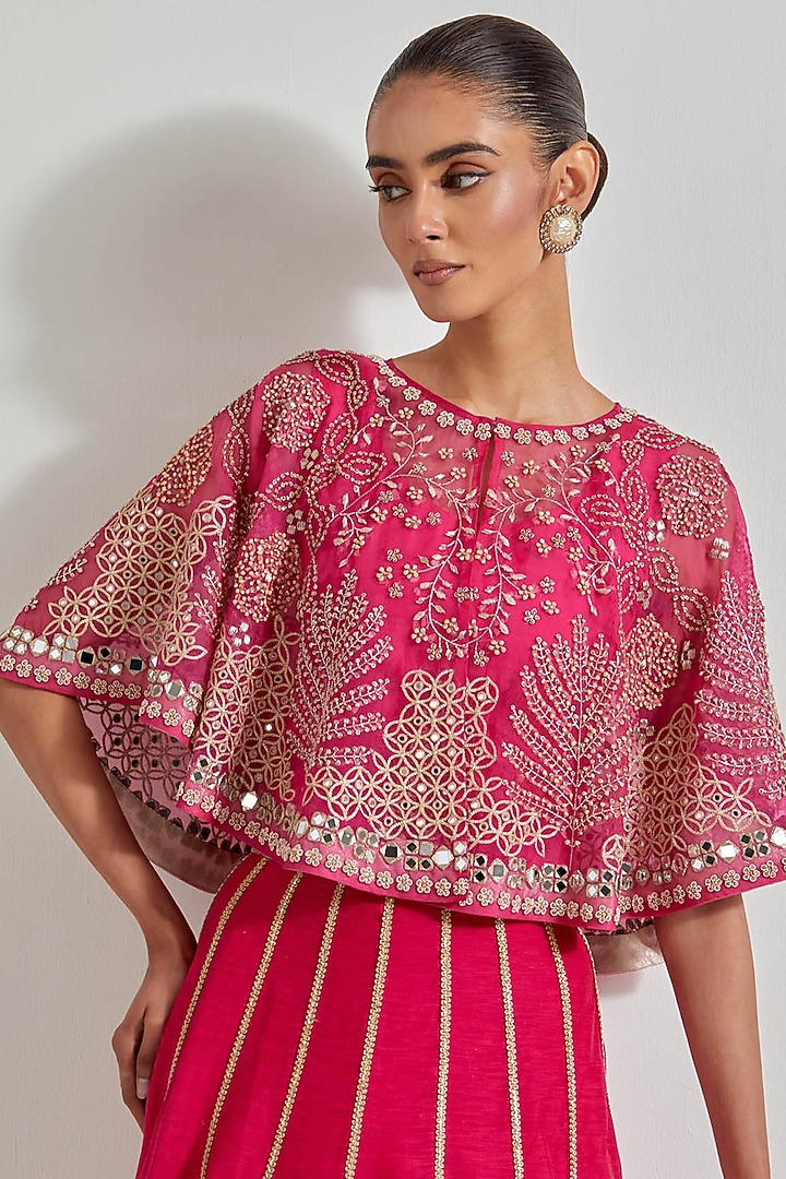 Fuchsia Organza & Cotton Chanderi Patch Work Skirt Set by Kavita Bhartia at Pernia's Pop Up Shop