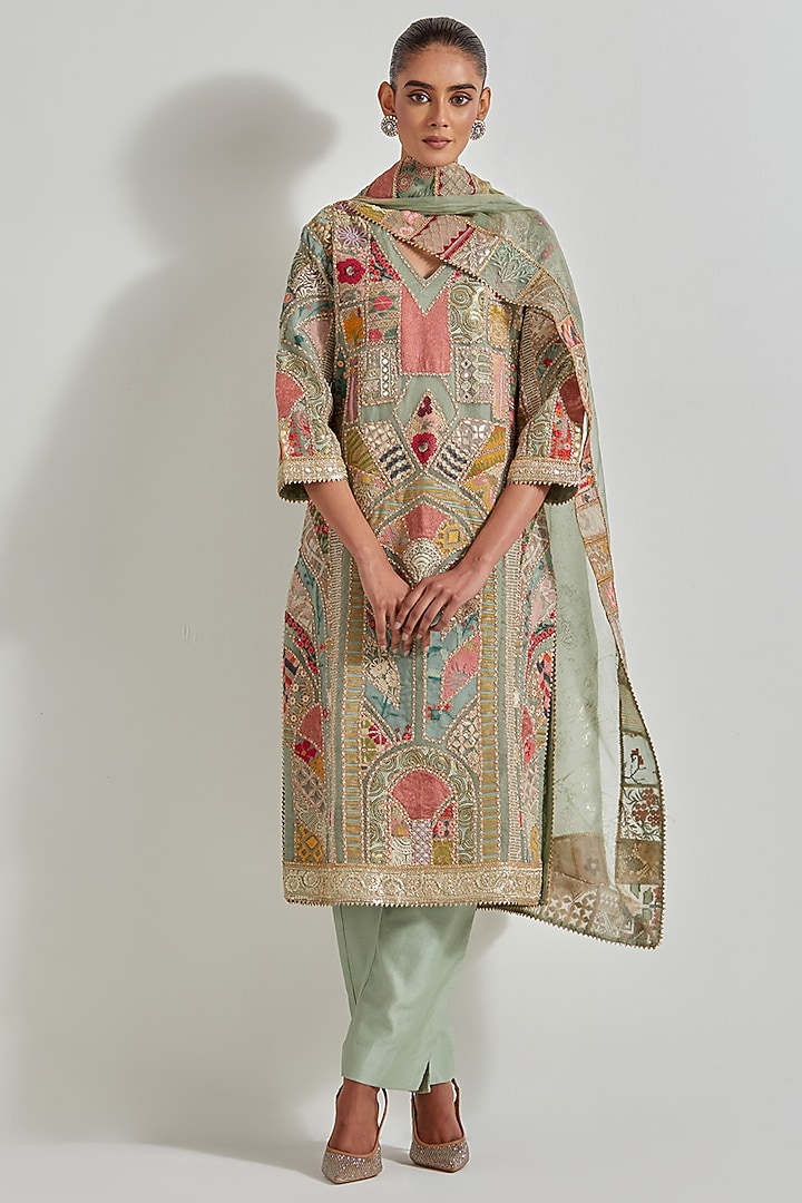 Sage Green Organza & Chanderi Patchwork Embroidered Kurta Set by Kavita Bhartia at Pernia's Pop Up Shop