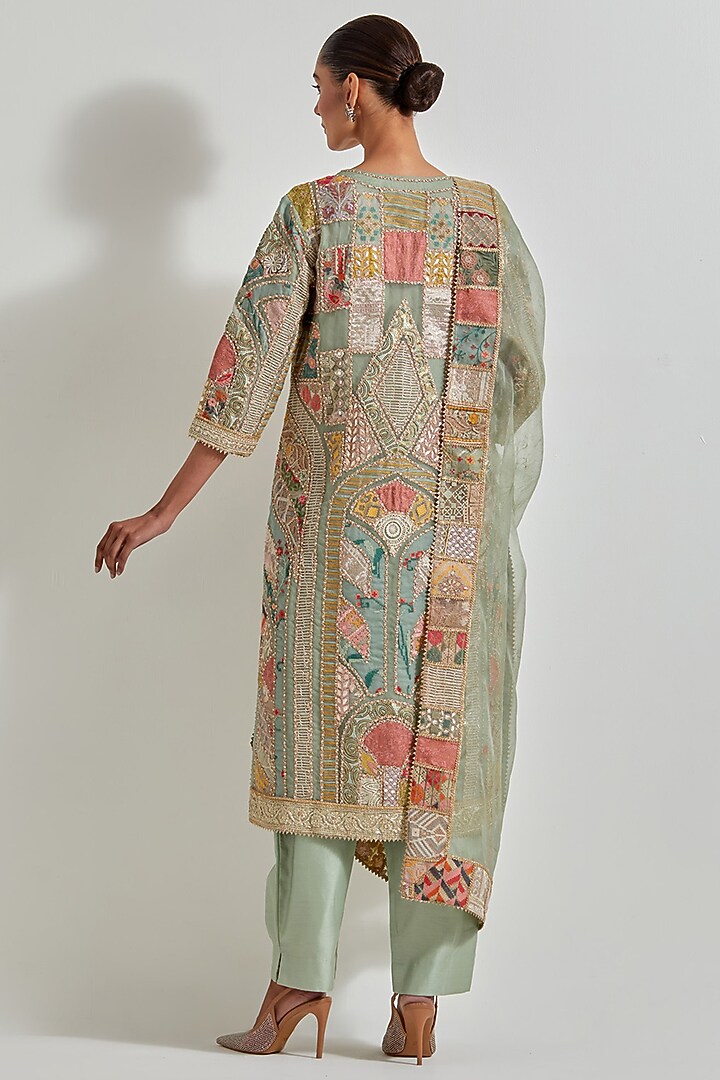 Sage Green Organza & Chanderi Patchwork Embroidered Kurta Set by Kavita Bhartia at Pernia's Pop Up Shop
