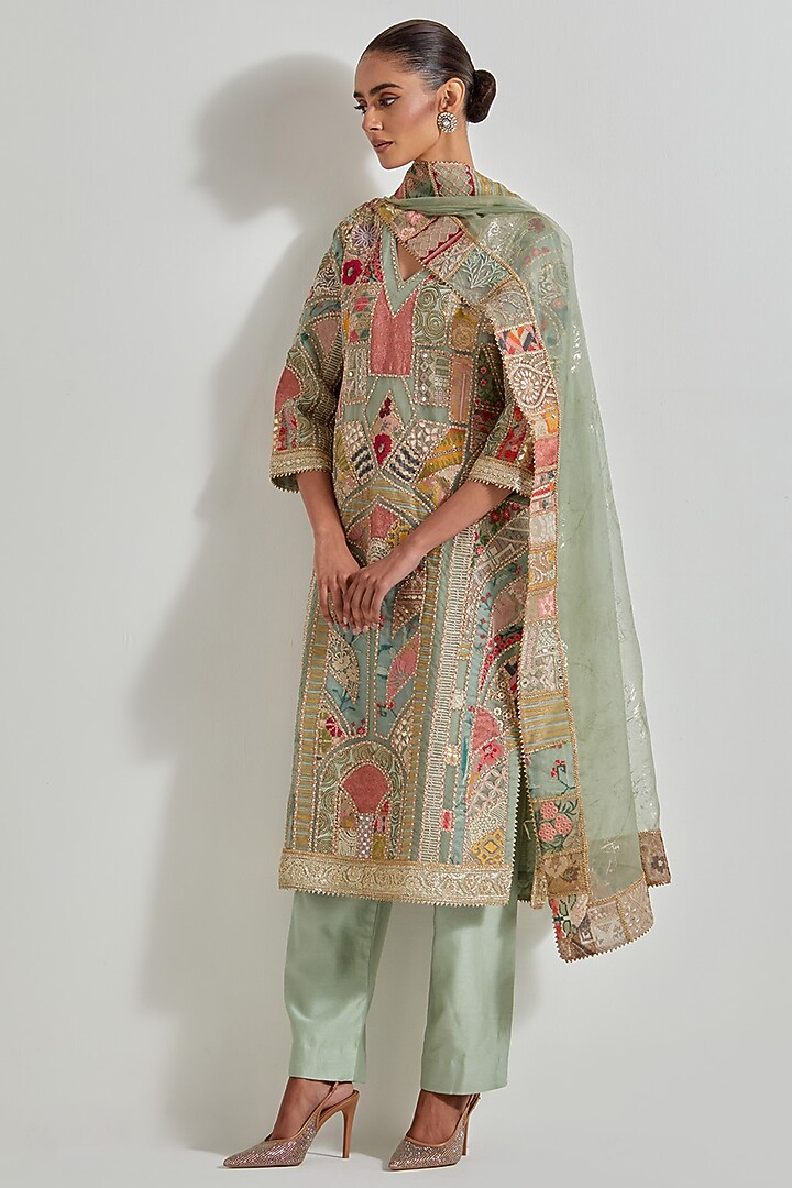 Sage Green Organza & Chanderi Patchwork Embroidered Kurta Set by Kavita Bhartia at Pernia's Pop Up Shop