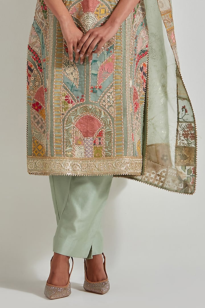 Sage Green Organza & Chanderi Patchwork Embroidered Kurta Set by Kavita Bhartia at Pernia's Pop Up Shop