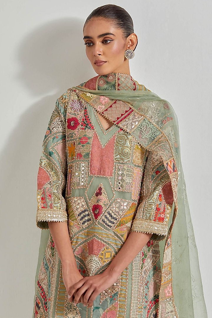 Sage Green Organza & Chanderi Patchwork Embroidered Kurta Set by Kavita Bhartia at Pernia's Pop Up Shop