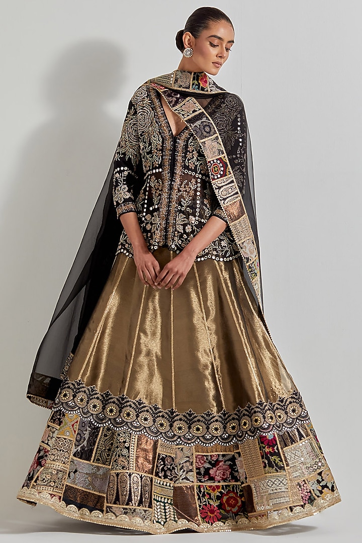 Gold Organza & Tissue Patchwork Wedding Lehenga Set by Kavita Bhartia at Pernia's Pop Up Shop