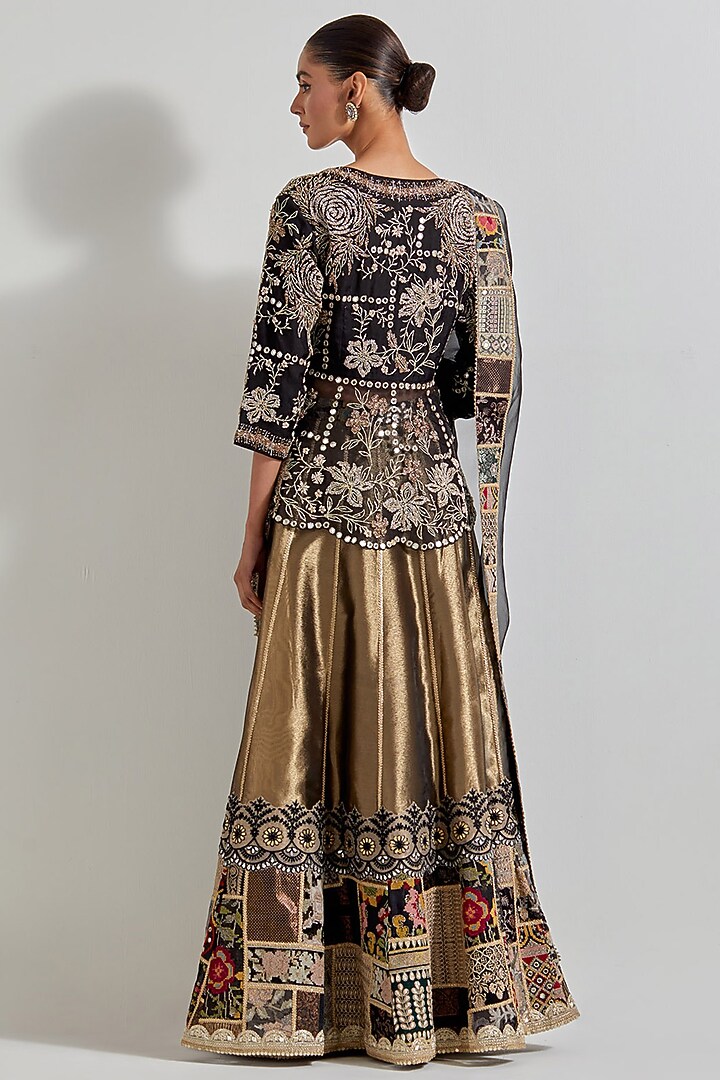 Gold Organza & Tissue Patchwork Wedding Lehenga Set by Kavita Bhartia at Pernia's Pop Up Shop