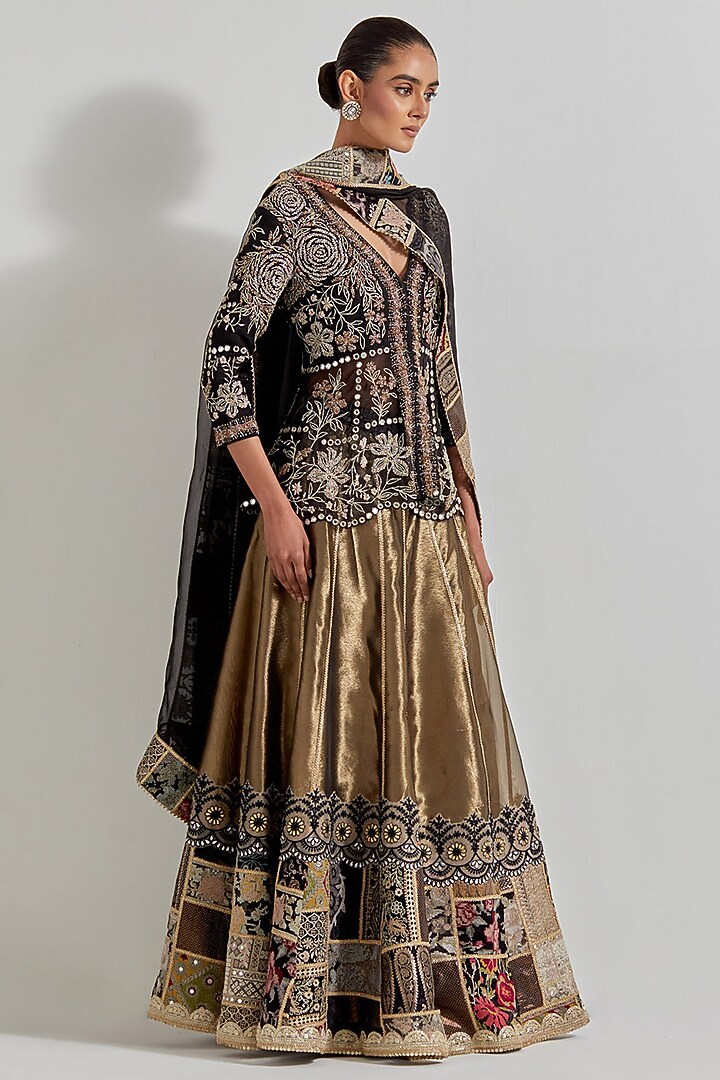 Gold Organza & Tissue Patchwork Wedding Lehenga Set by Kavita Bhartia at Pernia's Pop Up Shop