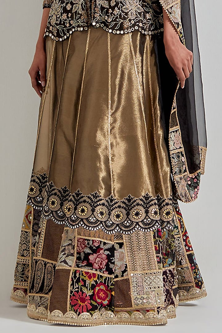 Gold Organza & Tissue Patchwork Wedding Lehenga Set by Kavita Bhartia at Pernia's Pop Up Shop