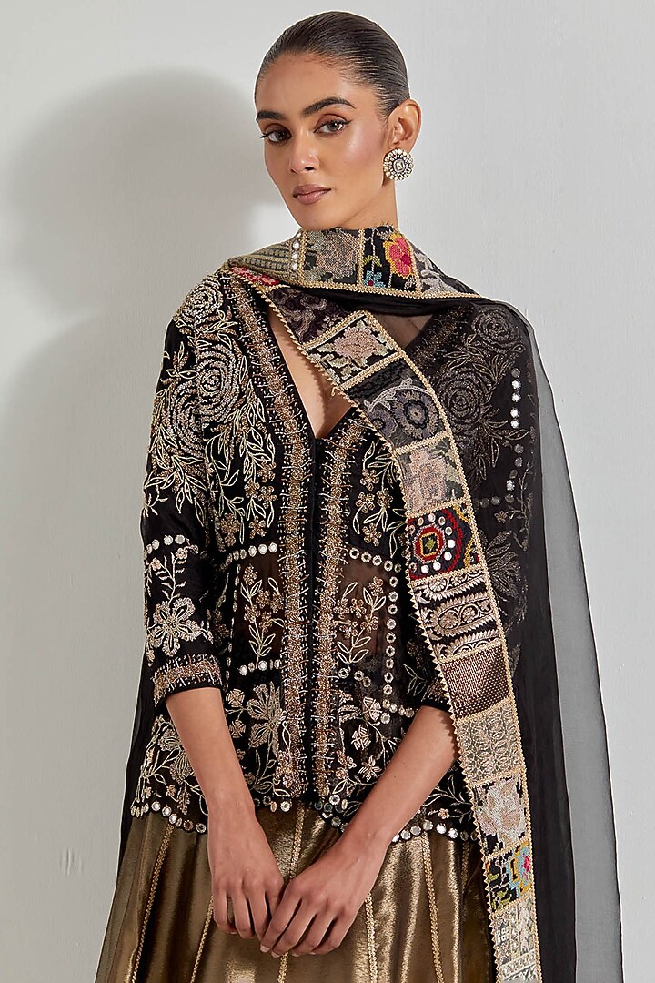 Gold Organza & Tissue Patchwork Wedding Lehenga Set by Kavita Bhartia at Pernia's Pop Up Shop