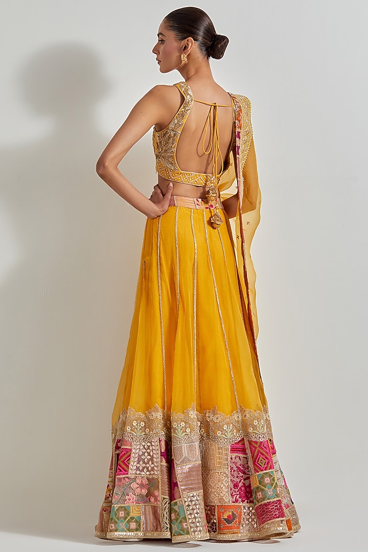 Yellow Organza Patchwork Wedding Lehenga Set by Kavita Bhartia at Pernia's Pop Up Shop