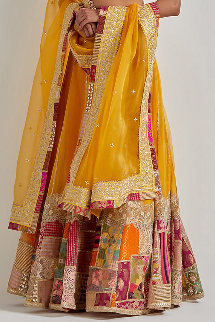 Yellow Organza Patchwork Wedding Lehenga Set by Kavita Bhartia at Pernia's Pop Up Shop