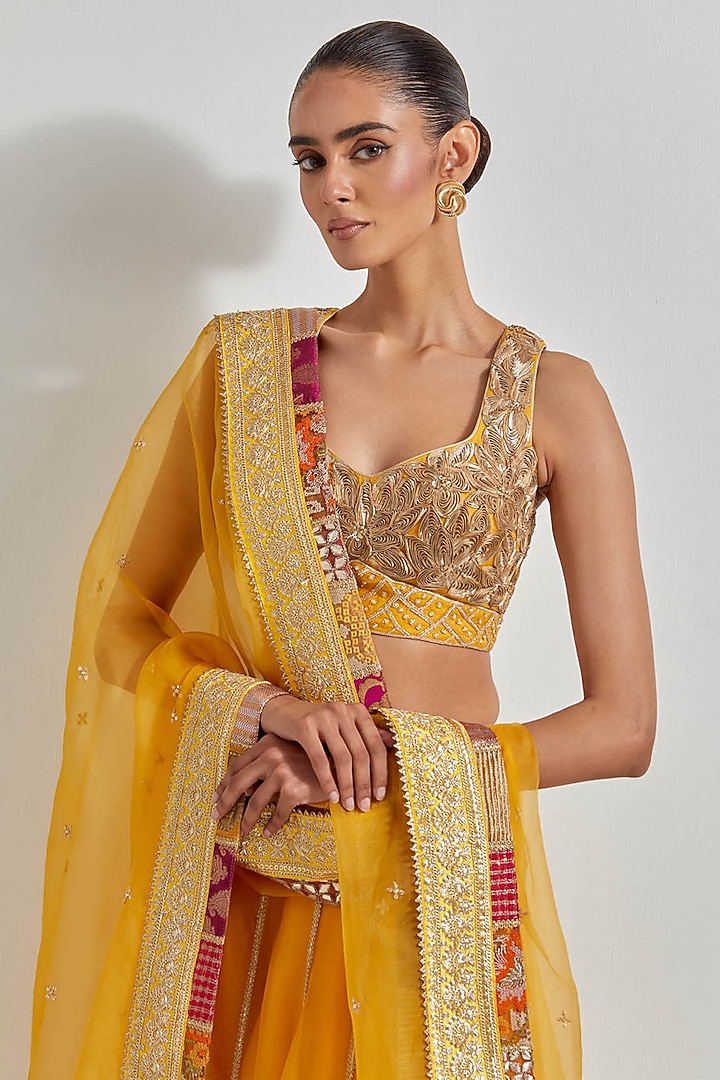 Yellow Organza Patchwork Wedding Lehenga Set by Kavita Bhartia at Pernia's Pop Up Shop