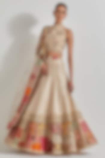 Ivory Brocade Patchwork Wedding Lehenga Set by Kavita Bhartia at Pernia's Pop Up Shop