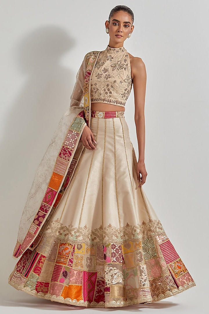 Ivory Brocade Patchwork Wedding Lehenga Set by Kavita Bhartia at Pernia's Pop Up Shop