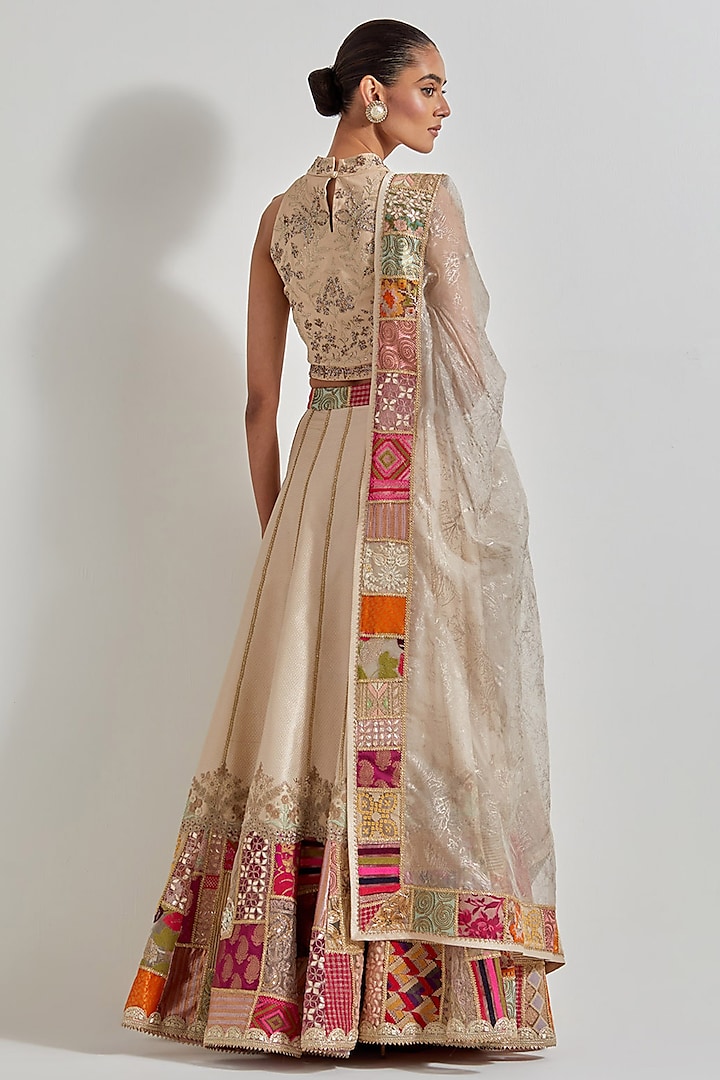 Ivory Brocade Patchwork Wedding Lehenga Set by Kavita Bhartia at Pernia's Pop Up Shop