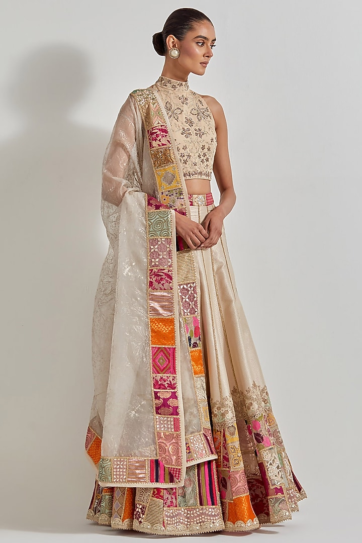 Ivory Brocade Patchwork Wedding Lehenga Set by Kavita Bhartia at Pernia's Pop Up Shop