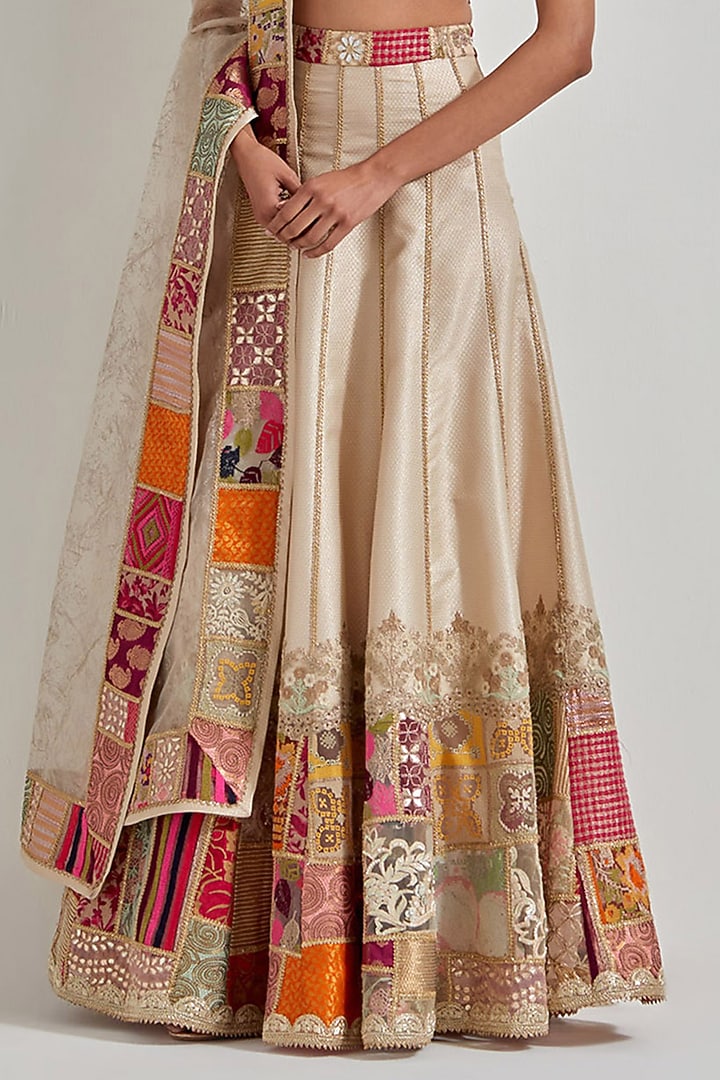 Ivory Brocade Patchwork Wedding Lehenga Set by Kavita Bhartia at Pernia's Pop Up Shop