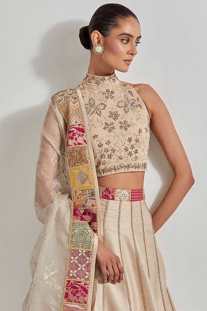 Ivory Brocade Patchwork Wedding Lehenga Set by Kavita Bhartia at Pernia's Pop Up Shop