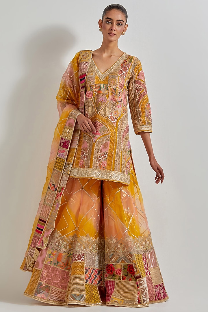 Yellow Organza Patchwork Bridal Sharara Set by Kavita Bhartia at Pernia's Pop Up Shop