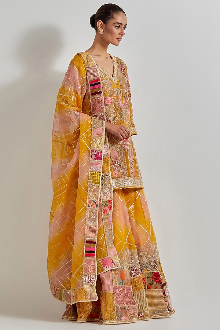 Yellow Organza Patchwork Bridal Sharara Set by Kavita Bhartia at Pernia's Pop Up Shop