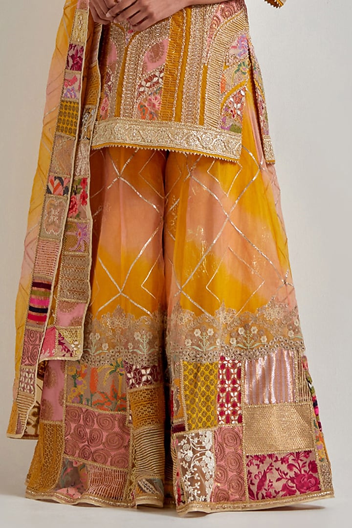 Yellow Organza Patchwork Bridal Sharara Set by Kavita Bhartia at Pernia's Pop Up Shop