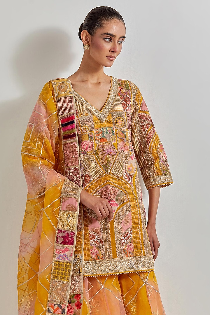 Yellow Organza Patchwork Bridal Sharara Set by Kavita Bhartia at Pernia's Pop Up Shop