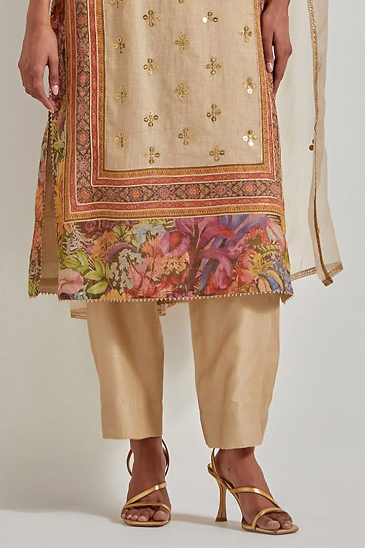 Beige Tissue Chanderi & Organza Hand Embellished Kurta Set by Kavita Bhartia at Pernia's Pop Up Shop