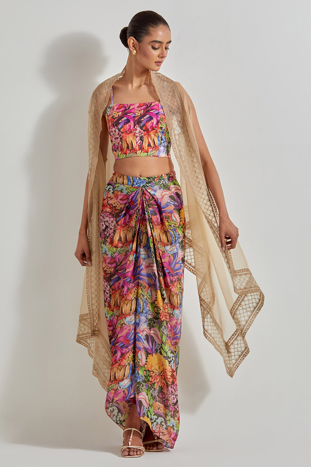 Multi-Colored Tissue Chanderi Draped Skirt Set by Kavita Bhartia at Pernia's Pop Up Shop