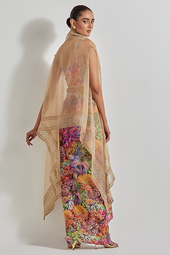 Multi-Colored Tissue Chanderi Draped Skirt Set by Kavita Bhartia at Pernia's Pop Up Shop