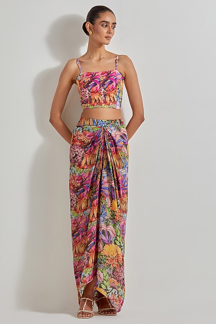 Multi-Colored Tissue Chanderi Draped Skirt Set by Kavita Bhartia at Pernia's Pop Up Shop