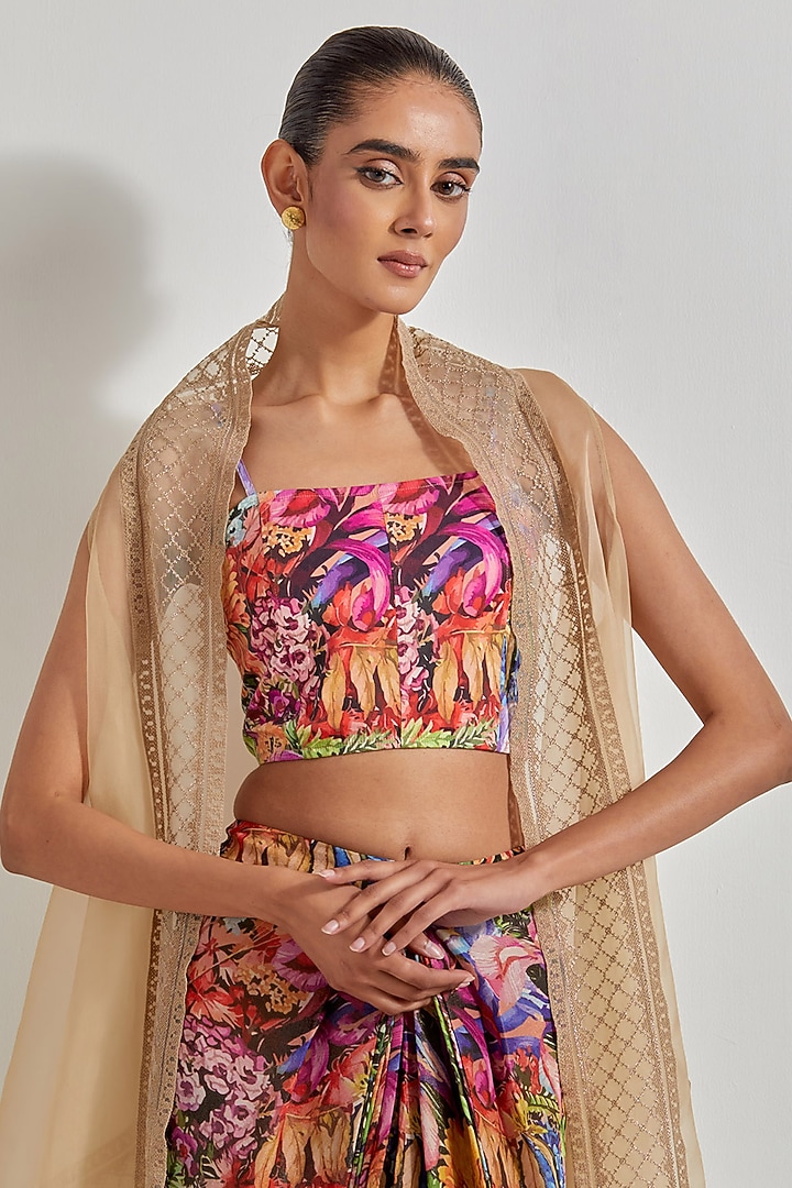 Multi-Colored Tissue Chanderi Draped Skirt Set by Kavita Bhartia at Pernia's Pop Up Shop