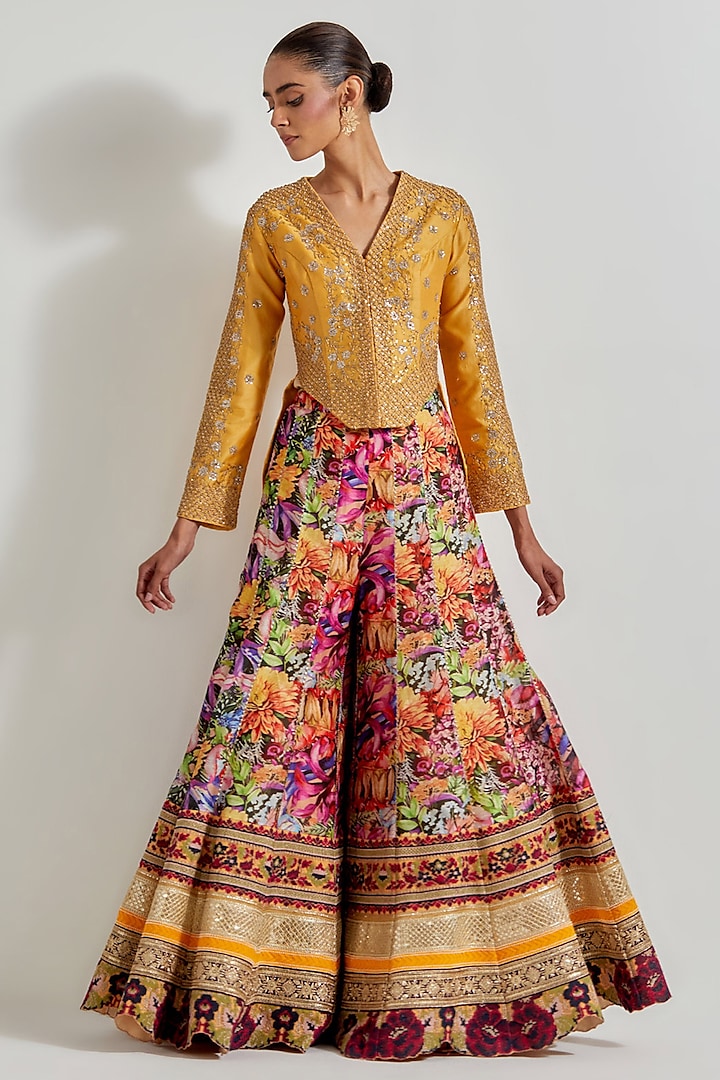 Multi-Colored Chanderi Printed Wedding Sharara Set by Kavita Bhartia at Pernia's Pop Up Shop