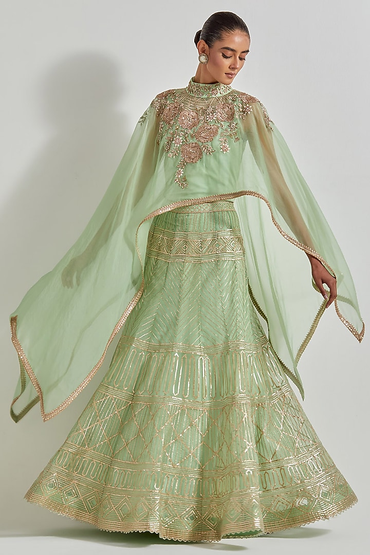 Mint Green Organza Silk Gota Work Skirt Set by Kavita Bhartia at Pernia's Pop Up Shop