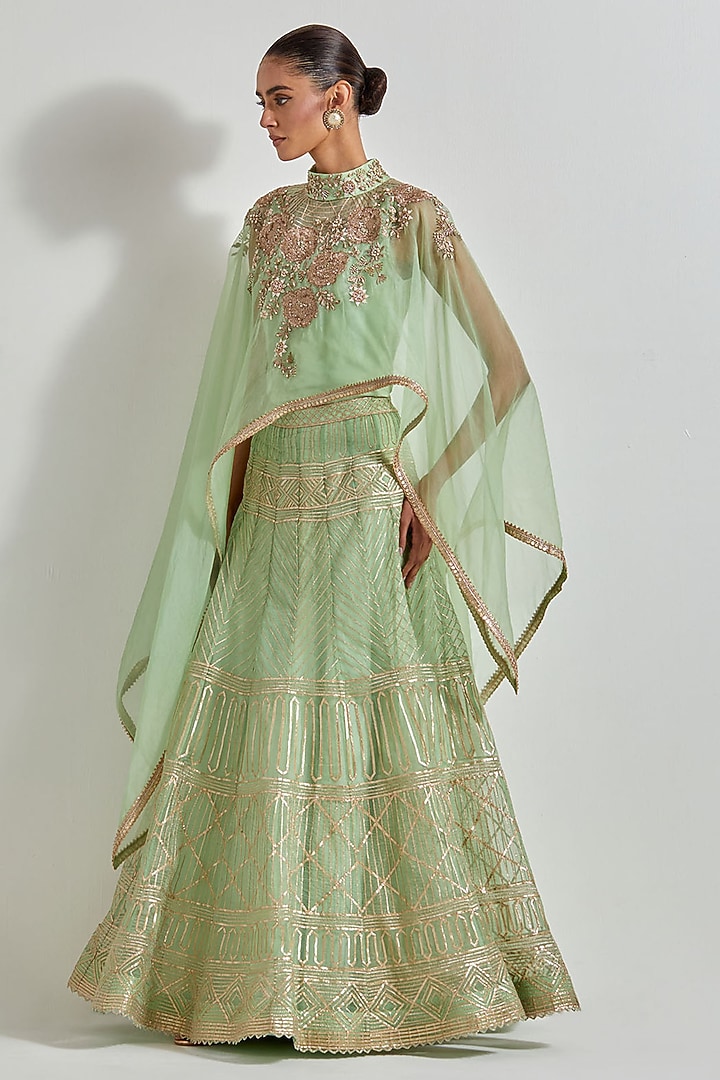 Mint Green Organza Silk Gota Work Skirt Set by Kavita Bhartia at Pernia's Pop Up Shop