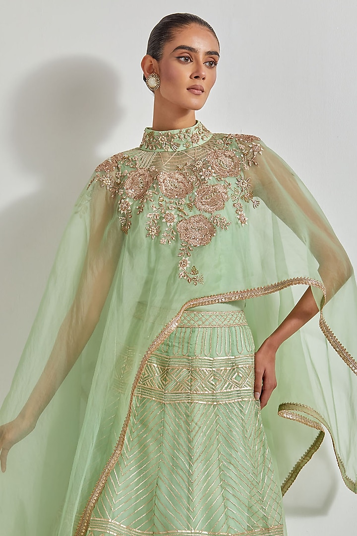 Mint Green Organza Silk Gota Work Skirt Set by Kavita Bhartia at Pernia's Pop Up Shop