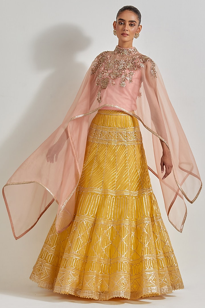 Pink Organza & Cotton Lycra Zardosi Work Cape Set by Kavita Bhartia at Pernia's Pop Up Shop