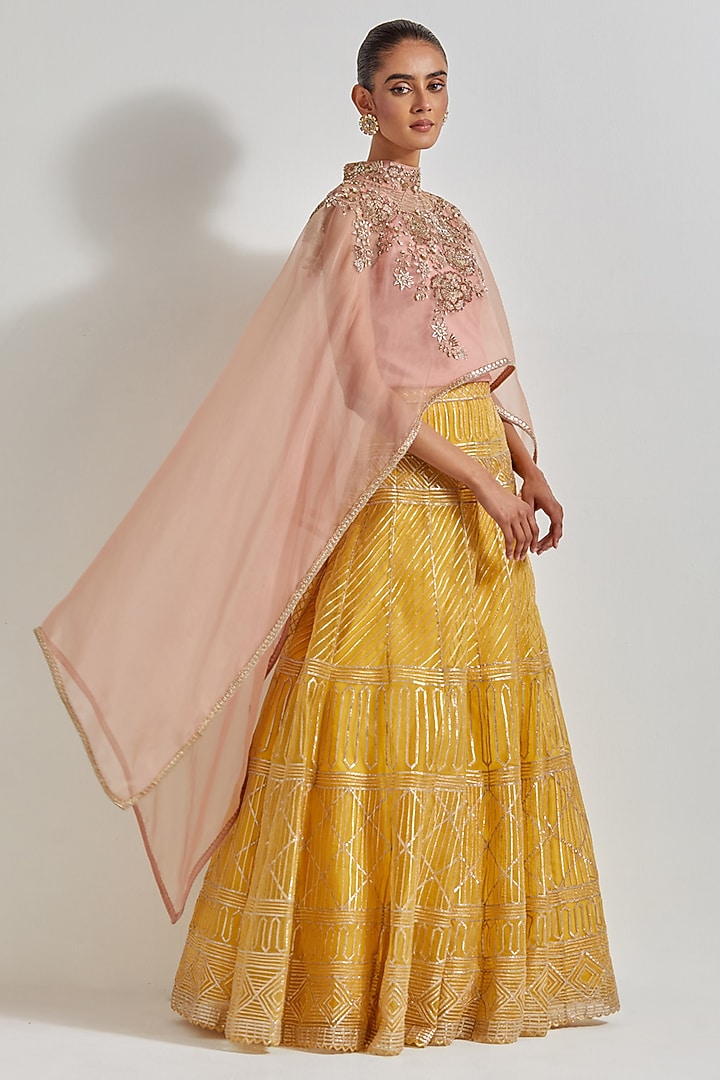 Pink Organza & Cotton Lycra Zardosi Work Cape Set by Kavita Bhartia at Pernia's Pop Up Shop