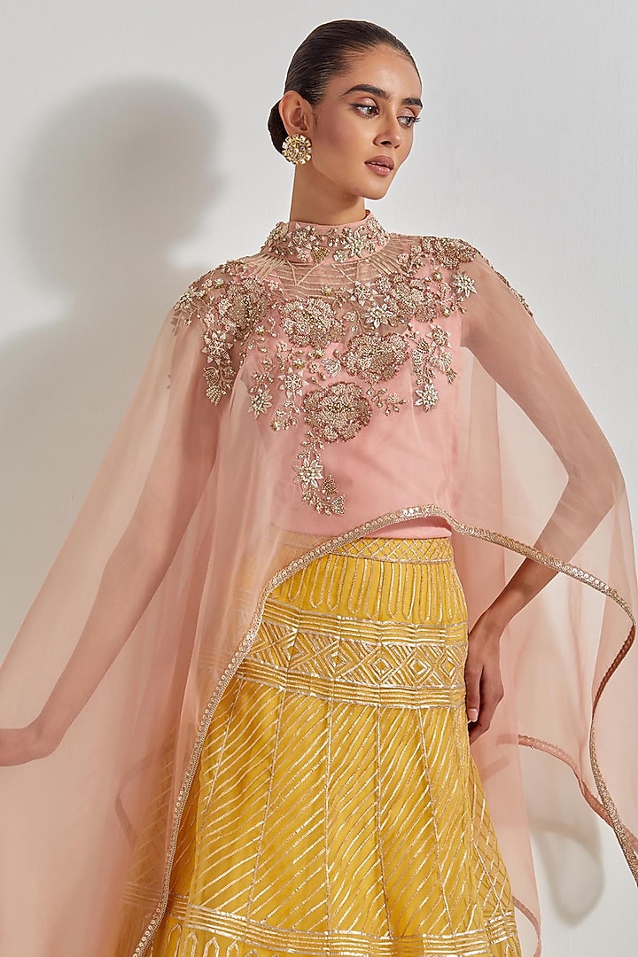 Pink Organza & Cotton Lycra Zardosi Work Cape Set by Kavita Bhartia at Pernia's Pop Up Shop