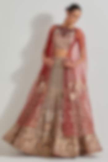 Maroon Net & Cotton Lycra Zardosi Work Skirt Set by Kavita Bhartia at Pernia's Pop Up Shop