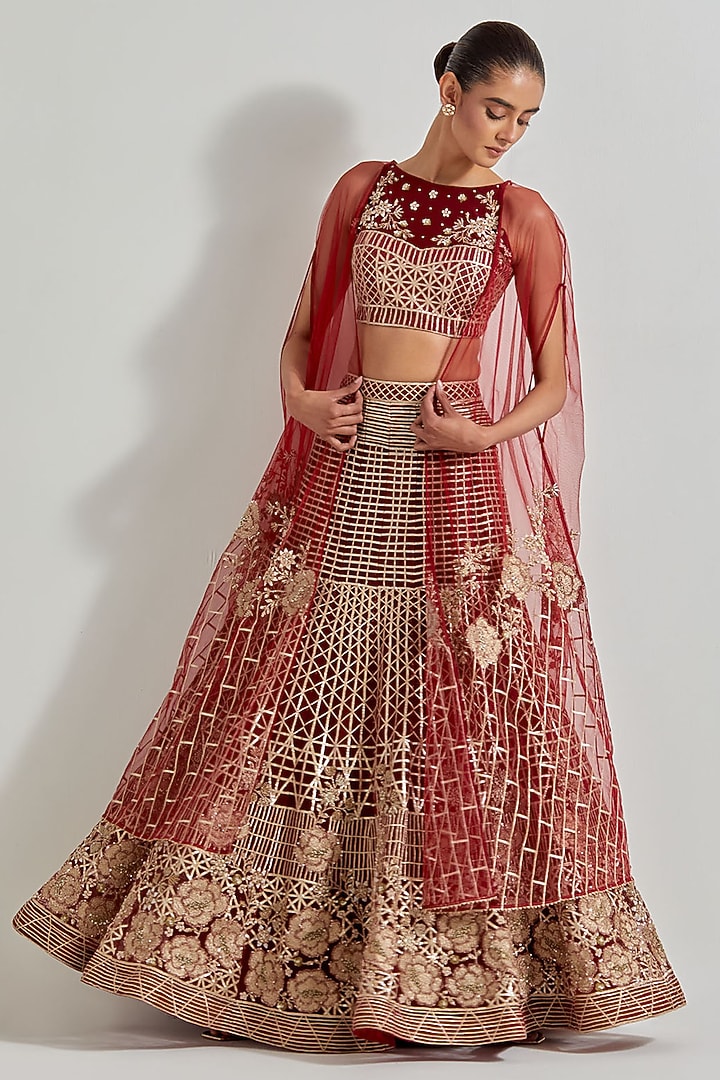 Maroon Net & Cotton Lycra Zardosi Work Skirt Set by Kavita Bhartia at Pernia's Pop Up Shop