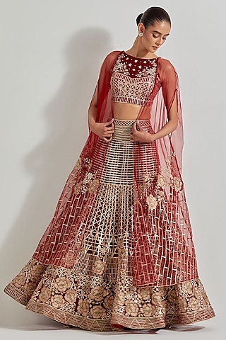 Maroon Net & Cotton Lycra Zardosi Work Skirt Set by Kavita Bhartia
