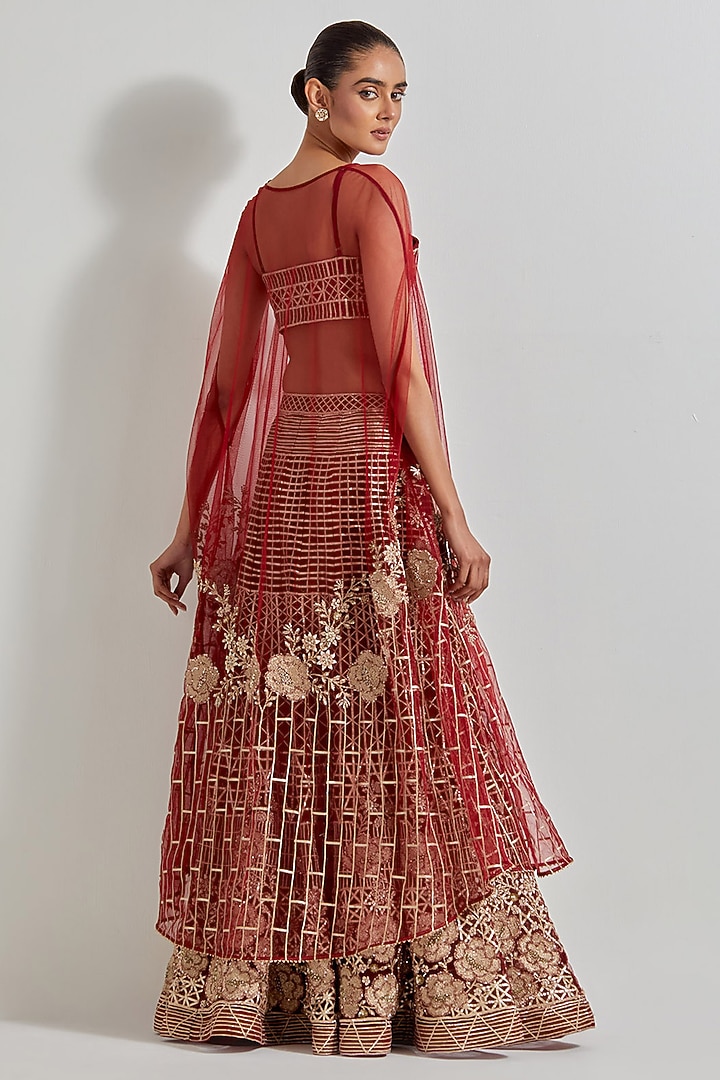 Maroon Net & Cotton Lycra Zardosi Work Skirt Set by Kavita Bhartia at Pernia's Pop Up Shop