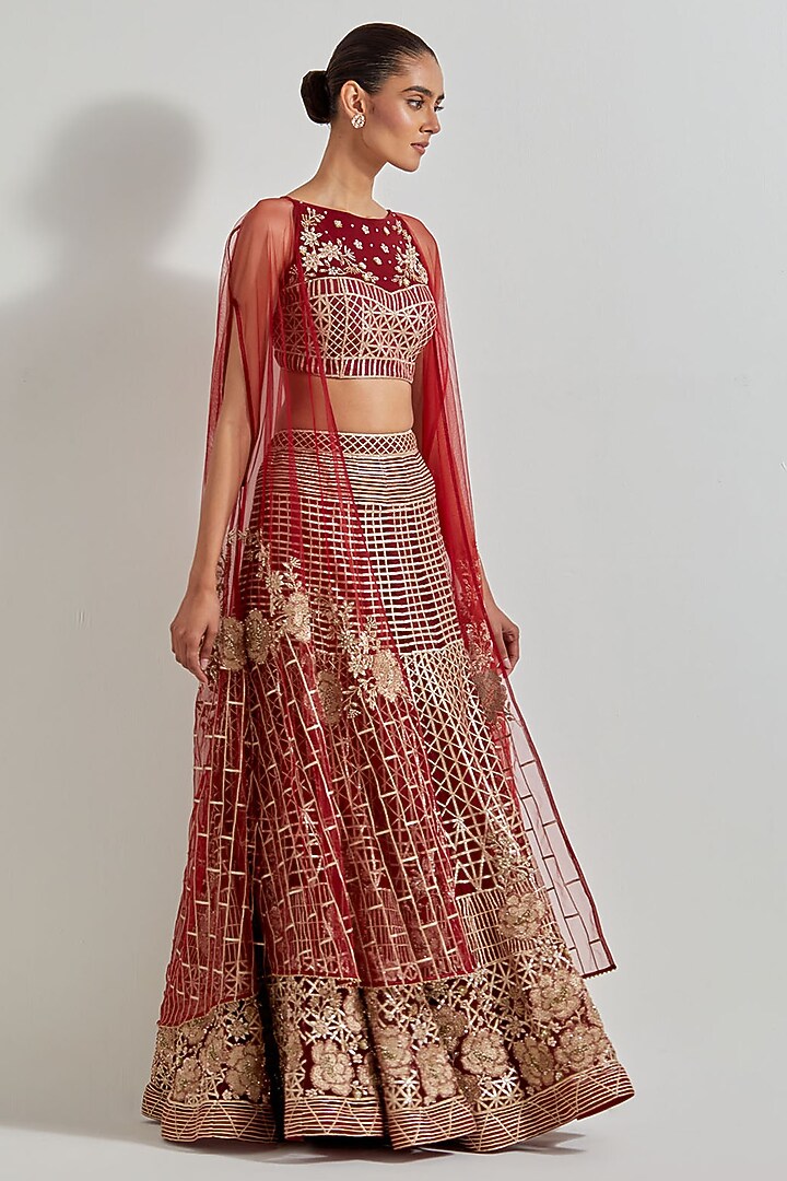 Maroon Net & Cotton Lycra Zardosi Work Skirt Set by Kavita Bhartia at Pernia's Pop Up Shop