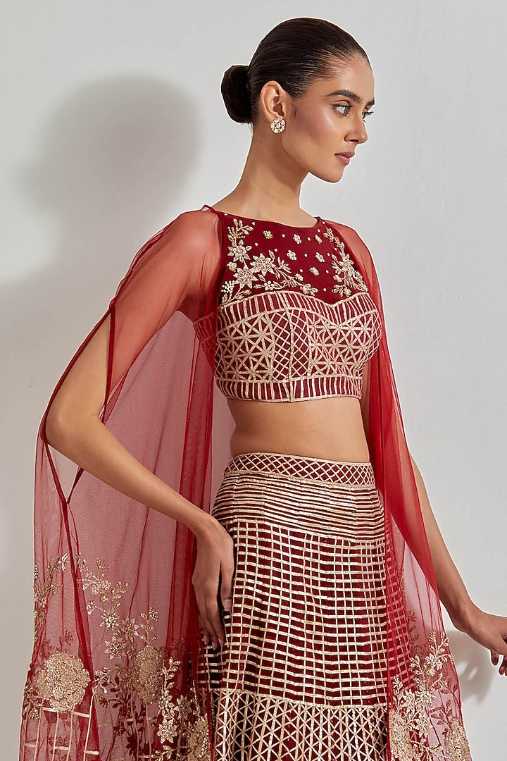 Maroon Net & Cotton Lycra Zardosi Work Skirt Set by Kavita Bhartia at Pernia's Pop Up Shop