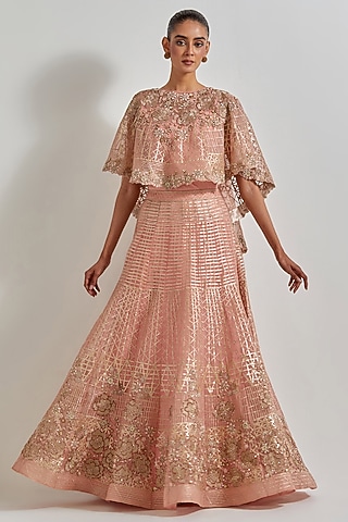 Peach Organza & Cotton Lycra Zardosi Embroidered Skirt Set by Kavita Bhartia