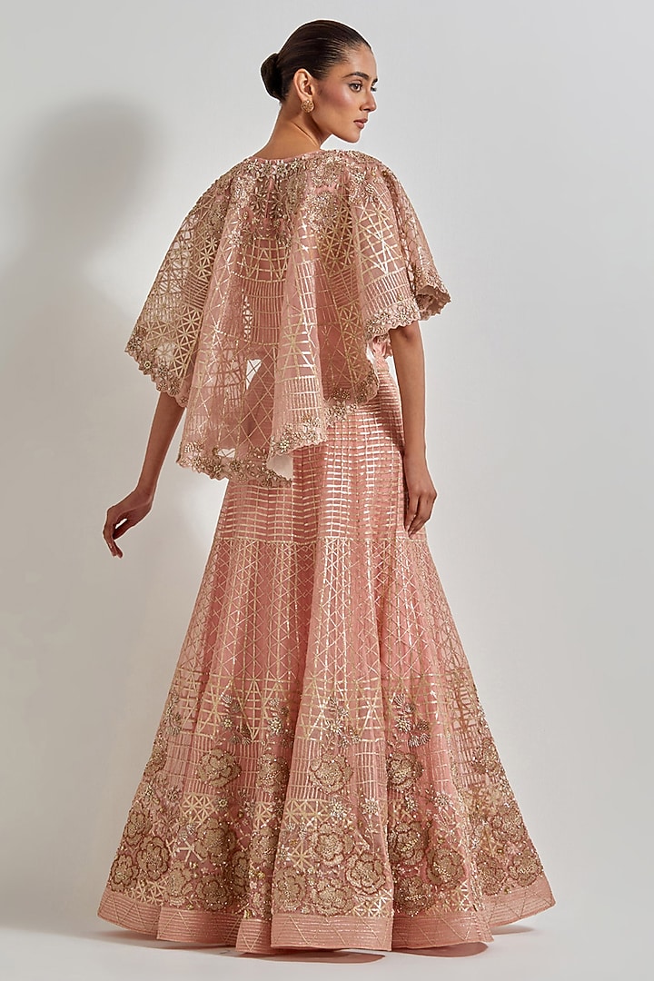 Peach Organza & Cotton Lycra Zardosi Embroidered Skirt Set by Kavita Bhartia at Pernia's Pop Up Shop