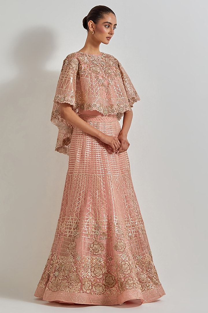 Peach Organza & Cotton Lycra Zardosi Embroidered Skirt Set by Kavita Bhartia at Pernia's Pop Up Shop