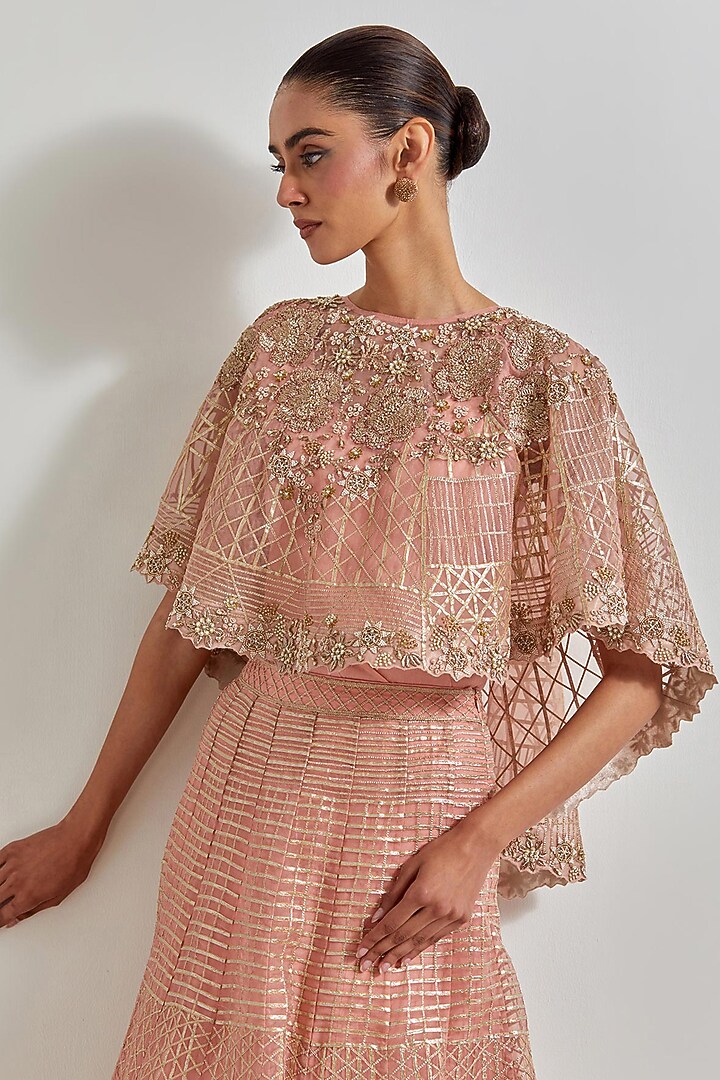 Peach Organza & Cotton Lycra Zardosi Embroidered Skirt Set by Kavita Bhartia at Pernia's Pop Up Shop