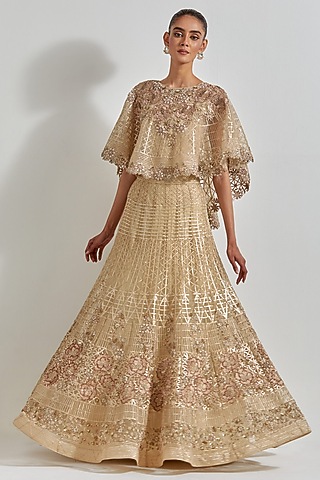 Gold Mesh Zardosi & Gota Work Skirt Set by Kavita Bhartia