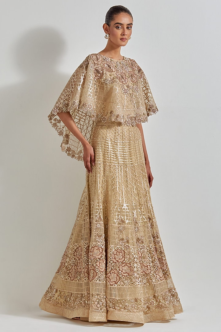 Gold Mesh Zardosi & Gota Work Skirt Set by Kavita Bhartia at Pernia's Pop Up Shop